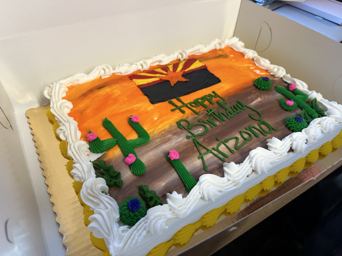 Birthday cake that reads, "Happy Birthday Arizona"