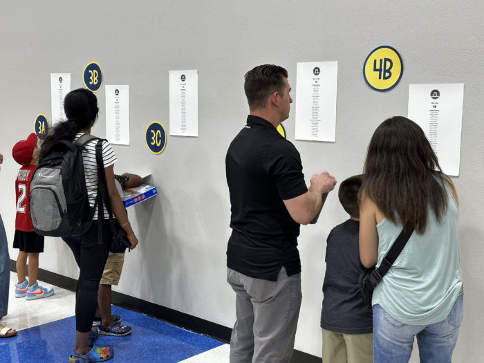 Parents reading classroom rosters on the wall