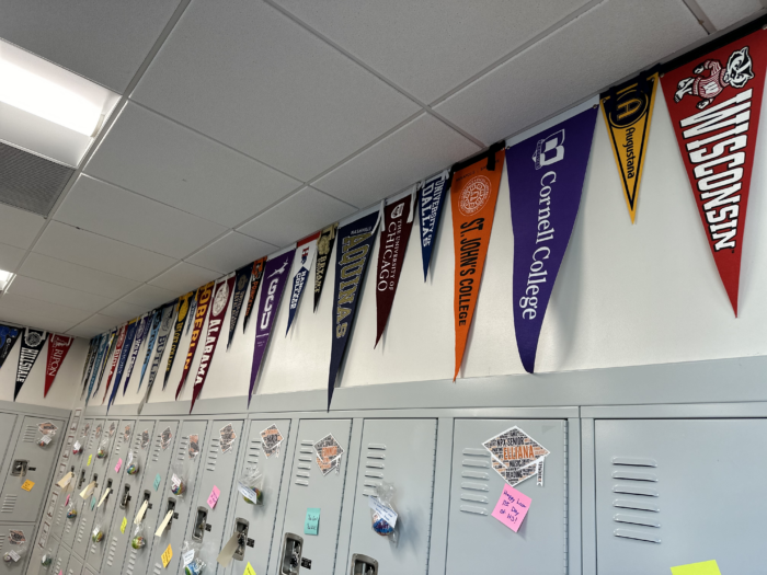 Collegiate pennants about lockers