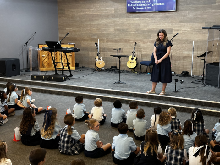 Dean addressing students during chapel at Great Hearts Christos in Gilbert