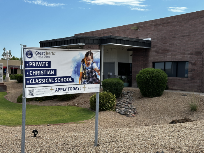 Sign and front of building at Great Hearts Christos in Gilbert