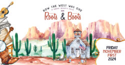 Great Hearts Gala graphic with logo and illustrations of cactus, a school house, instruments, and cowboy boots