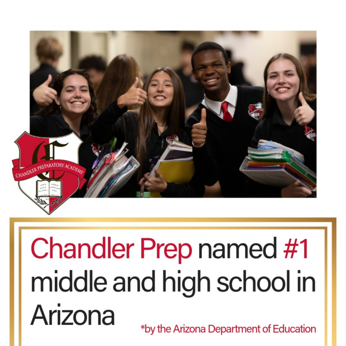 Photo of four students with subtitle stating, "Chandler Prep named #1 middle and high school in Arizona by the Arizona Department of Education."