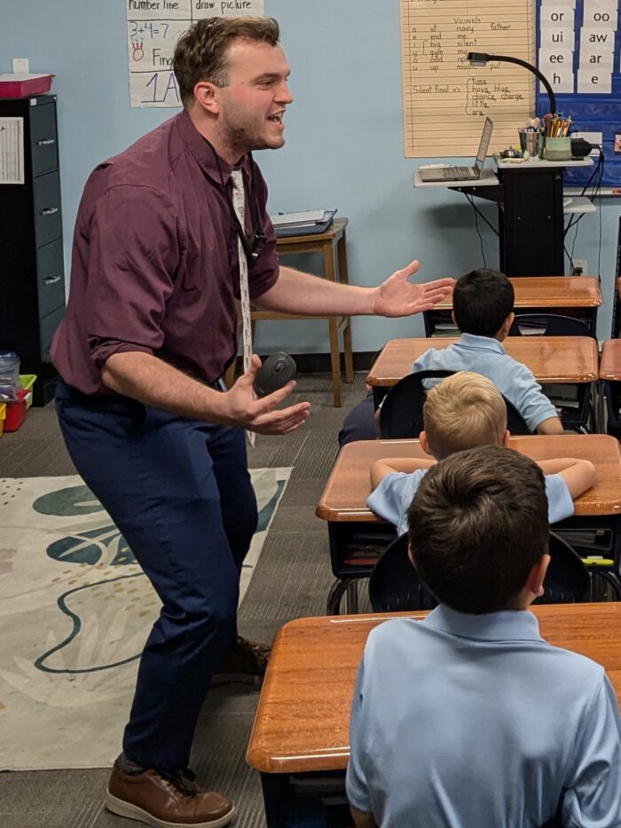 Henry Schreiber energetically teaching his classroom