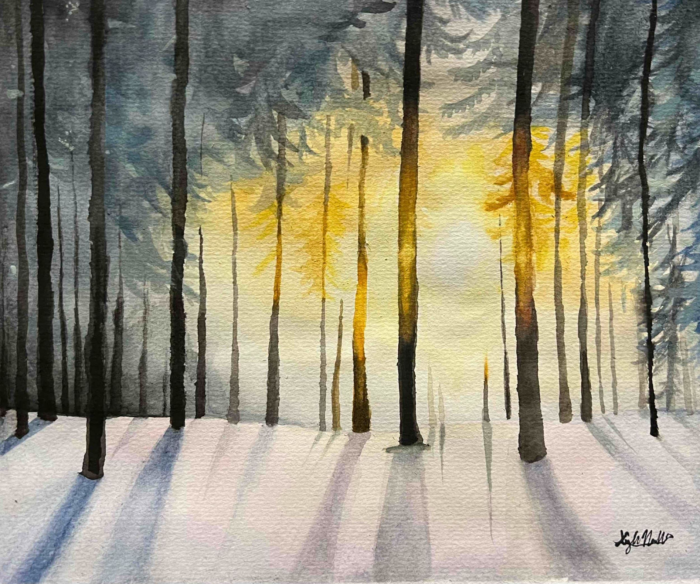 A watercolor painting of the sun shining through trees on a snowy ground.