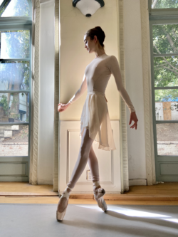 Woman posing in a ballet leotard and skirt.