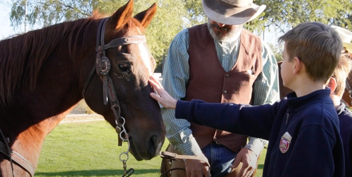 Male student petting a horse