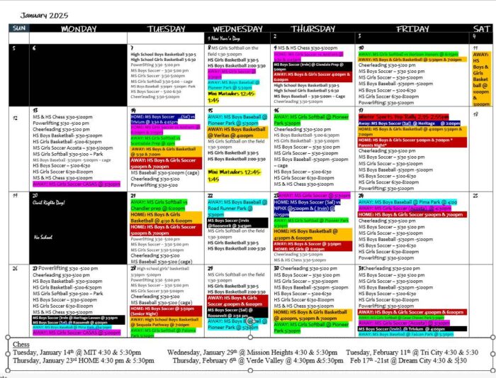 Athletic Calendar for January 2025.