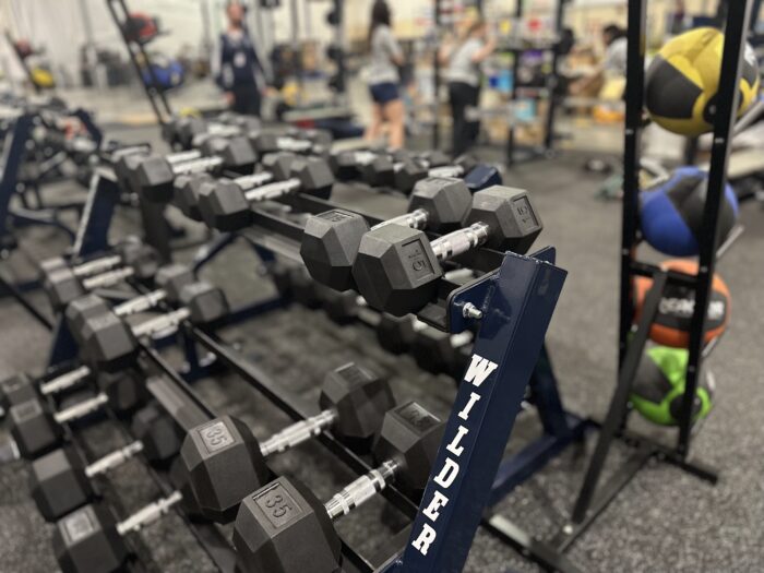 rack of weights at a school weight training room