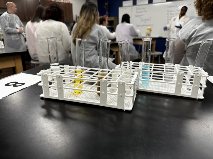 Chemistry tubes with faculty in lab coast in the background.